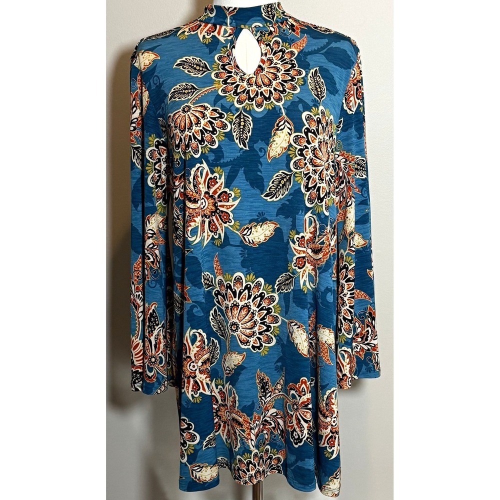 Voll Women's Blue Floral Mock Neck Keyhole Long Sleeve Shift Dress M Perfect